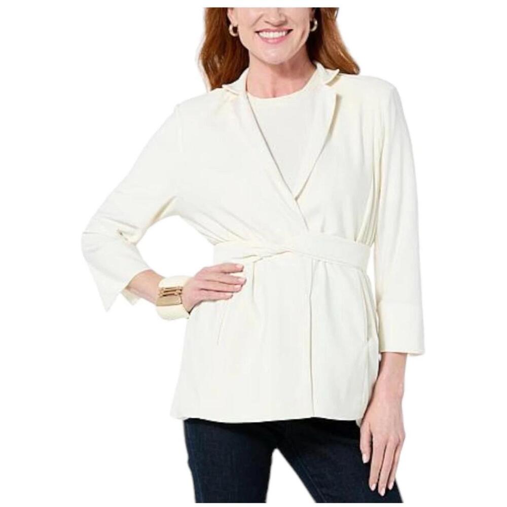 NWT WynneLayers Creme Fraiche Lapel 3/4 Sleeve Belted Blazer Jacket Small